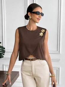 Serisse 女士时尚通勤无袖衬衫，金属装饰，夏季 - 棕色 - 查看 6