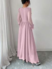 Modelyn French Style Waist Cinching Square Neck Ruffle Hem Dress - Pink - View 2