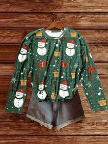 SHEIN LUNE Women's Casual Christmas Snowman Gift Pattern Oversized Drop Shoulder Long Sleeve T-Shirt - Green - View 3