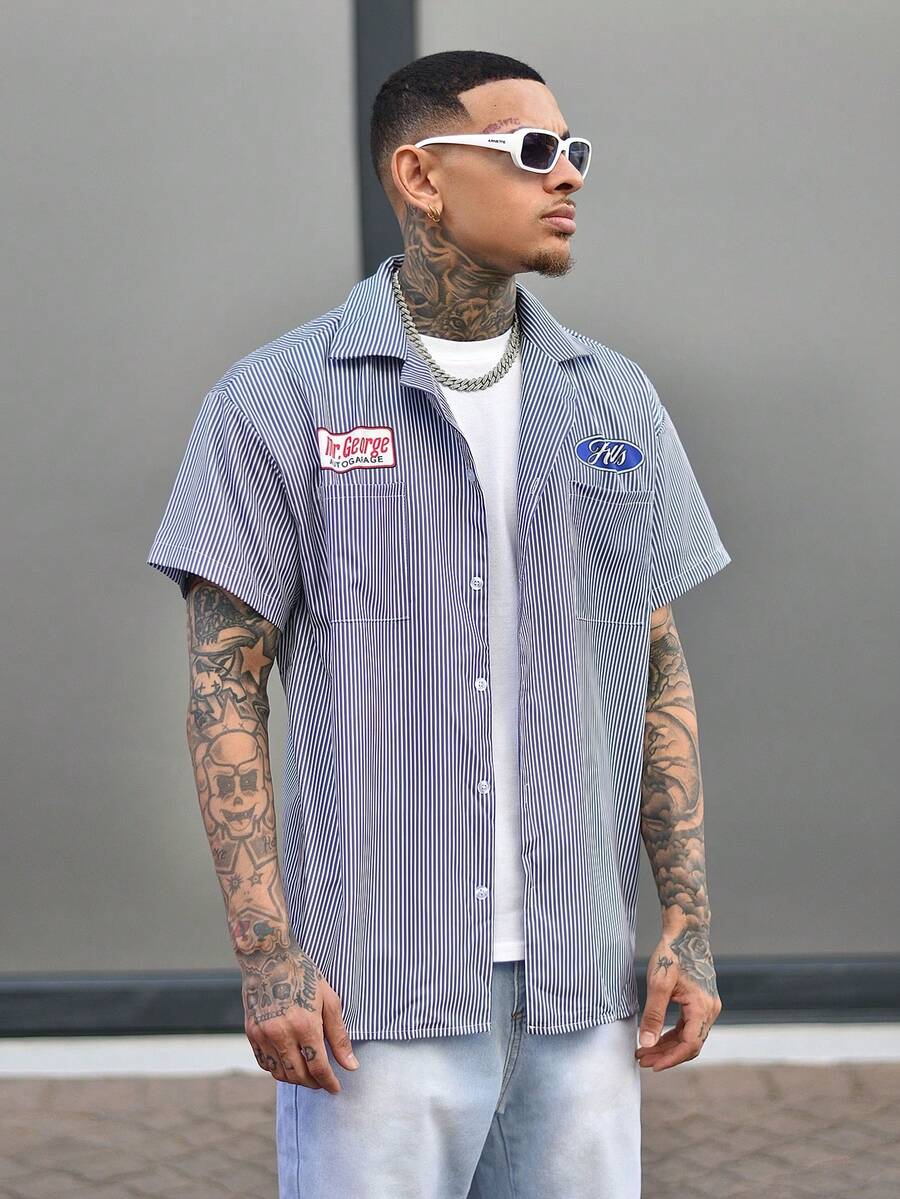 Devon Thys 男士休闲条纹标语印花短袖衬衫,夏季 - 灰色 - 查看 1