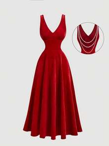 SHEIN MOD 女士红色天鹅无肩带中长连衣裙，红色连衣裙，派对女士连衣裙，晚宴连衣裙，女士连衣裙，正式女士连衣裙，优雅连衣裙，红色女士连衣裙，化装舞会连衣裙 - 酒紅色 - 查看 1