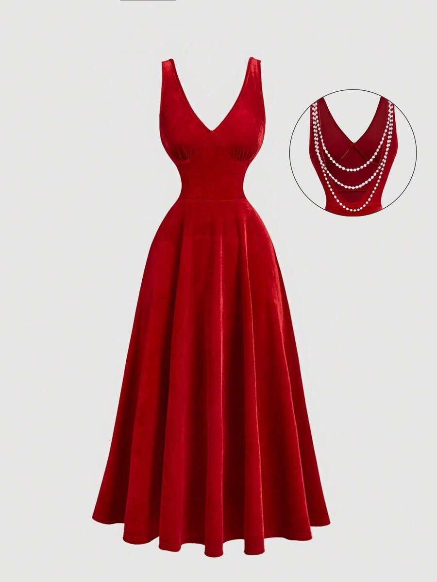 SHEIN MOD 女士红色天鹅无肩带中长连衣裙，红色连衣裙，派对女士连衣裙，晚宴连衣裙，女士连衣裙，正式女士连衣裙，优雅连衣裙，红色女士连衣裙，化装舞会连衣裙 - 酒紅色 - 查看 1