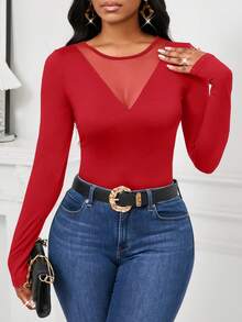 SHEIN Lady Áo thun tay dài phối lưới thanh lịch mùa thu dành cho nữ - Đỏ - Xem 6