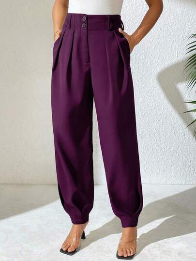 Xyvia 女士优雅高腰双扣装饰褶皱修身长裤，休闲百搭，春秋季