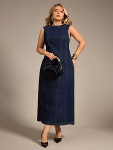 Auralis 大码女式休闲无袖牛仔束腰中长连衣裙，夏季