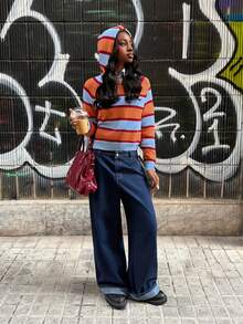 SHEIN Unity Casual Vintage Colorblock Striped Hooded Sweater, Autumn/Winter, New Year , Christmas Looks - Multicolor - View 5