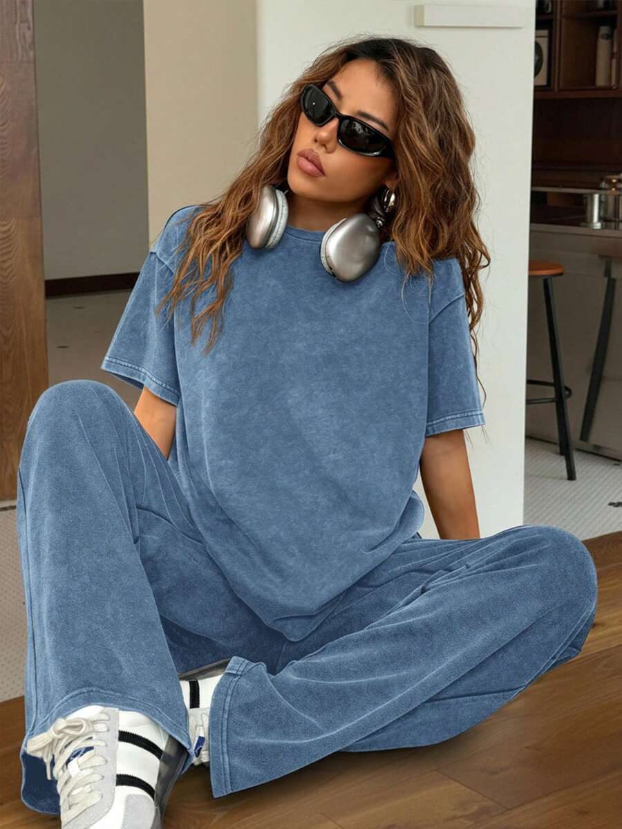 SHEIN EZwear Autumn/Winter Casual Home Round Neck Short Sleeve Straight Leg Pants Distressed Washed Loose Set - Blue - View 1