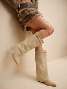 Daringsoles Women's Fashion Commuter Chunky High Heel Knee-High Boots For Christmas - Apricot - View 8