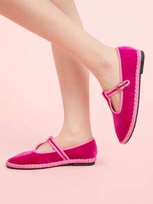 CUCCOO DOLLMOD Women's Elegant Velvet T-Strap Mary Jane Flat Shoes, Peach Pink - Pink - View 4