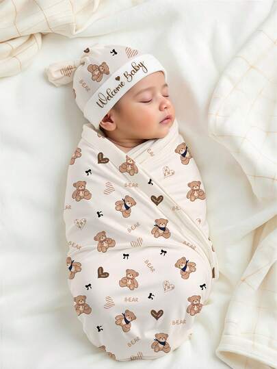 SHEIN 2-pack set nyföddfotografering sjal söt björntryck stretchig babyfilt med matchande sömnmössa nyfödd pojke flicka fotorekvisita