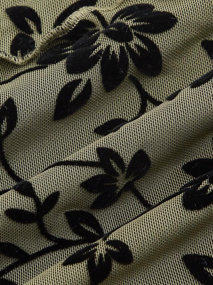 SHEIN MOD Vestido camisero vintage verde con estampado floral de malla elástica - Verde militar - Añade 4