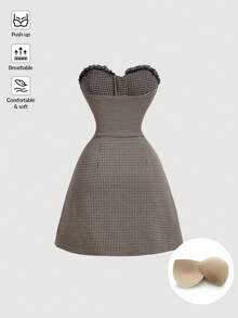 SHEIN MOD 女士束胸紧身胸衣式连衣裙，撞色蕾丝，千鸟格印花，蝴蝶结，开衩设计，返校季服装，抹胸连衣裙，不含胸罩