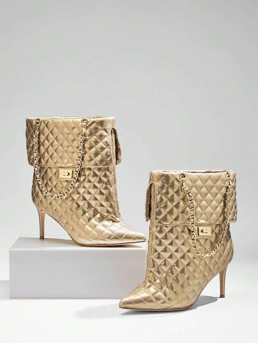 SHUZIA 设计师灵感女士魅力性感尖头细高跟绗缝包式短靴 - 金色 - 查看 1