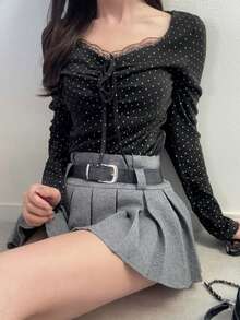 FRIFUL 女士优雅波点印花撞色蕾丝扭结前襟修身T恤，适合日常通勤，长袖 - 黑色 - 查看 3