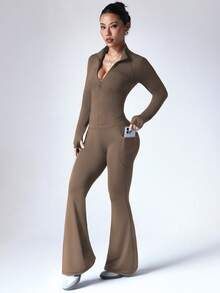 Dewbera Women's Casual Sports Zip-Up Long Sleeve Top & Flare Leg Pants Set - Khaki - View 4