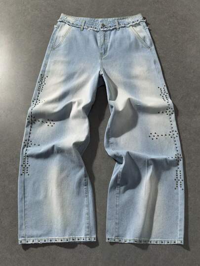 Men's Rivet Decor Pocket Wide Leg Loose Fit Jeans