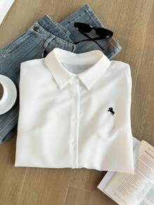 SHEIN EZwear 大码女式马术印花长袖单排扣白衬衫，春夏， - 白色 - 查看 7