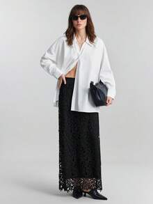Ontre Women's Black,Autumn,Classy,Elegant,Dining Floral Lace Maxi Skirt,Textured Fabric A-Line Design,Casual Urban Chic Business Attire Office Wear,Wedding - Black - View 4