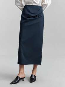 Ontre 2026 Spring/Summer Women's Vintage Elegant Casual Business Versatile, Nashville Apparel, Solid Color Skirt For Urban Commute, Business Casual, Wedding Guest Irregular Natural Ruffle Skirt - Navy Blue - View 4