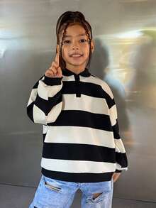 DAZY Young Girl' Striped Knit Collared Sweatshirt, Fall - Black and White - View 5