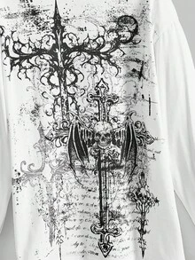 ROMWE Grunge Punk Women's Punk Cross Distressed Print Pullover Sweatshirt - White - View 3
