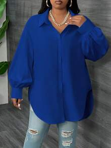 SHEIN CURVE+ Áo sơ mi tay loe đơn hàng ngày màu trơn mùa xuân cỡ lớn dành cho nữ - Xanh đậm - Xem 5
