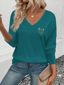 EMERY ROSE 女士休闲爱心印花V领长袖百搭T恤，秋冬款 - 水鴨藍 - 查看 4