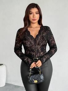 Firerie Áo cánh tay dài cổ chữ V viền ren thanh lịch, giản dị cỡ lớn, đa năng cho trang phục hàng ngày và đi nghỉ, mùa xuân/thu - màu đen - Xem 2