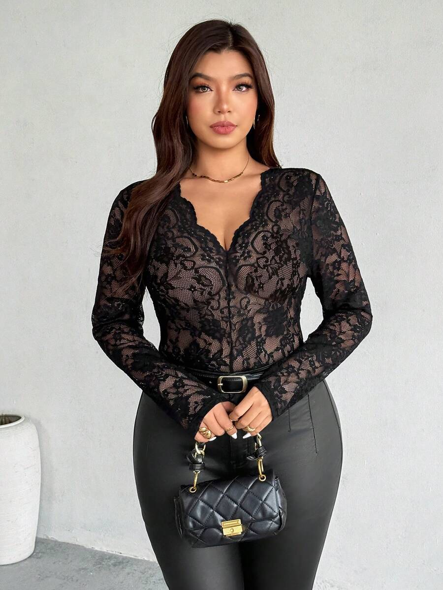 Firerie Áo cánh tay dài cổ chữ V viền ren thanh lịch, giản dị cỡ lớn, đa năng cho trang phục hàng ngày và đi nghỉ, mùa xuân/thu