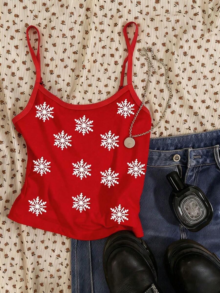 少女雪花图案吊带背心,休闲舒适,适合秋冬季节,时尚设计,充满圣诞气息,适合外出、户外活动、返校季、秋季聚会、户外野餐、街头摄影、居家、校园、节日等场合,也是馈赠佳品。 - 紅色 - 查看 1