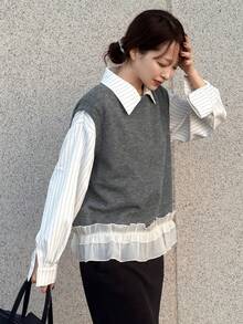 FRIFUL Áo len dệt kim viền nhún bèo thời trang thu đông cho nữ - Xám - Xem 6