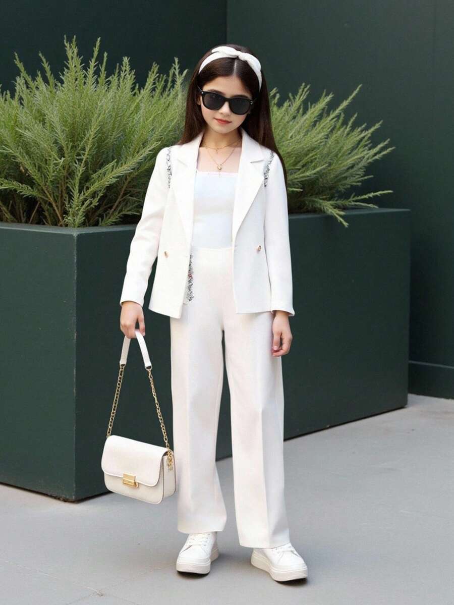 SHEIN Girls' Elegant White Suit Set With Handmade Crystal Decor, Suitable For Daily Wear And Commuting - White - View 1