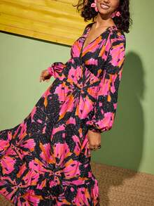Felipe Marques Women's Floral Print Black & Pink Flower Decor Wrap Bust Cinched Waist Puff Sleeve Loose Dress, Party, Vacation, Casual, Sexy, Elegant Long Dress, Autumn/Winter - Black - View 5