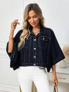 EMERY ROSE Women's Fleece Bat Wing Sleeve Single-Breasted Loose Denim Jacket,Navy Blue,Autumn,Oversized,Everyday Jean Shirt Top 2 Piece Denim Sets For Woman - Blue - View 4