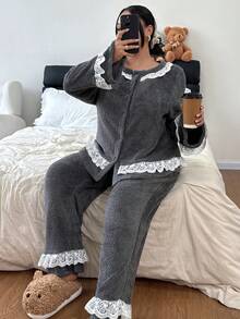 Dream Adore 2pcs Plus Size Flannel Lace Decor Long Sleeve Pajama Set, Fluffy Winter Clothes - Grey - View 4