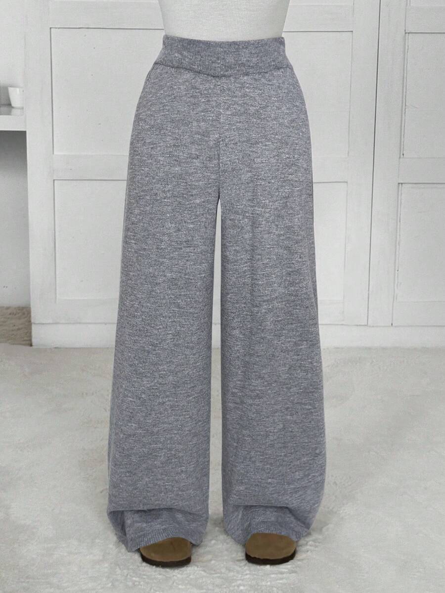 SHEIN EZwear 女士休闲百搭阔腿针织裤，秋冬季 - 灰色 - 查看 1