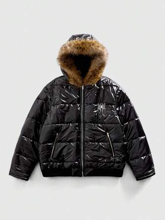 Street Life Giacca invernale oversize da uomo con cappuccio, ricamo a ragnatela e tessuto morbido e peloso