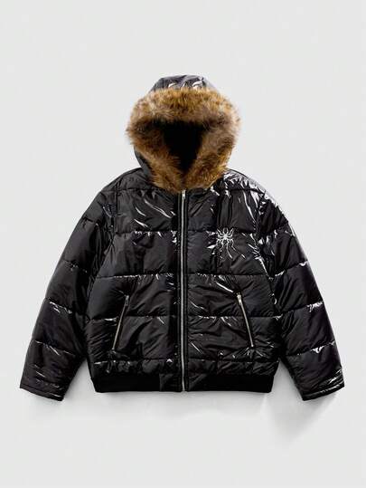 Street Life Chaqueta suelta de invierno con capucha y bordado de telaraña esponjoso para hombres