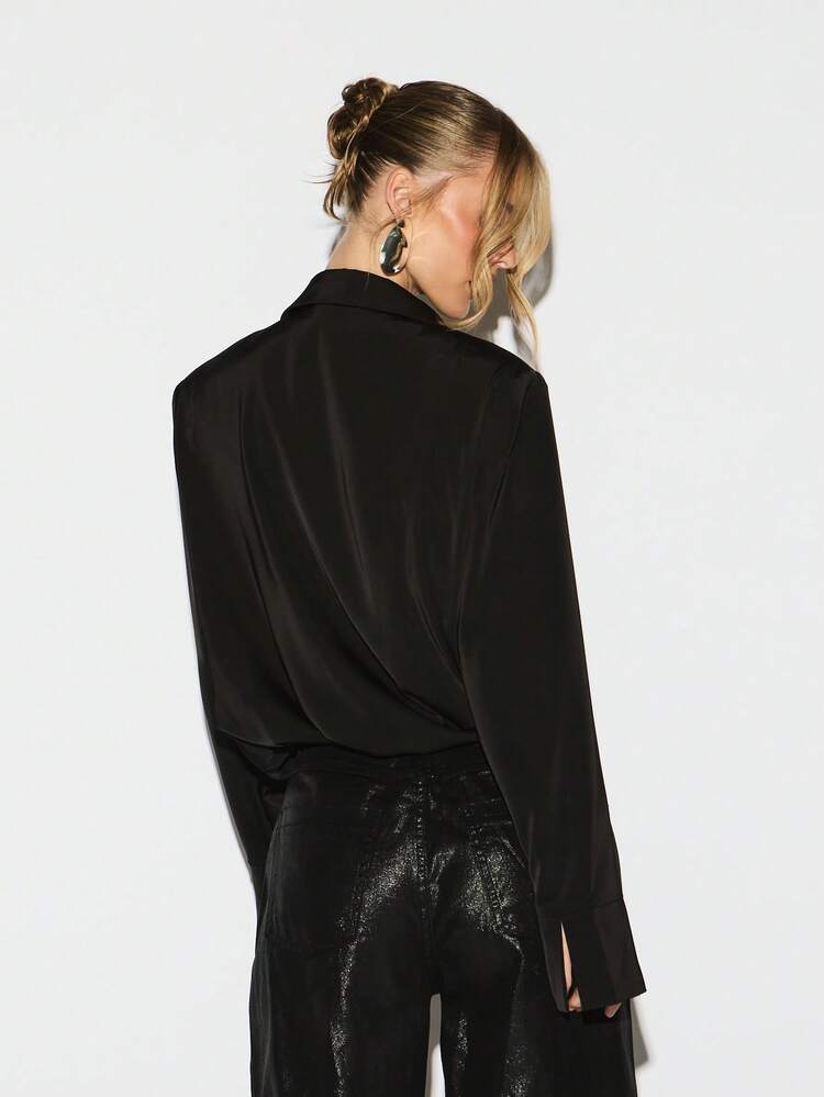 KIZN Long Sleeve Sequin Bodysuit With Deep V Neckline