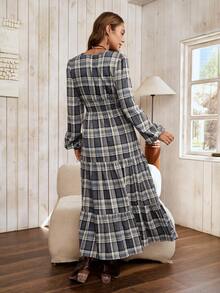 LanaWest 女士格子图案可追踪面料圆领小褶皱腰身修身娃娃裙，裙摆设计休闲波西米亚西部乡村风格 - 灰色 - 查看 2