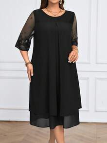 Miaspire 加大码蕾丝拼布圆领简约休闲优雅连衣裙女夏装朴素连衣裙婚礼宾客礼服女式蕾丝雪纺 - 黑色 - 查看 4