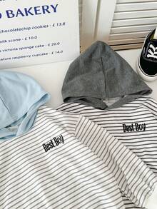 SHEIN 2件套男童简约韩版黑白条纹拼接灰/蓝连帽卫衣，清新日常春季穿搭 - 黑與白 - 查看 4