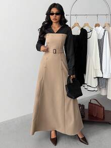 SHEIN Đầm ôm eo tay dài cổ bẻ màu tương phản họa tiết chắp vá thanh lịch cho bé gái tuổi teen - Nhiều màu - Xem 3