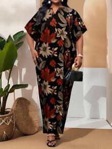 SHEIN Lady CURVE 大码女式夏季度假风印花V领拼接口袋连衣裙 - 彩色 - 查看 5