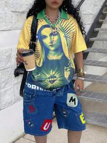 Rovax 女士撞色创意图案短袖半拉链休闲T恤，夏季时尚 - 彩色 - 查看 5