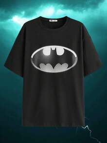 BATMAN X SHEIN 男女款休闲宽松蝙蝠徽标落肩 T 恤夏季 - 黑色 - 查看 6