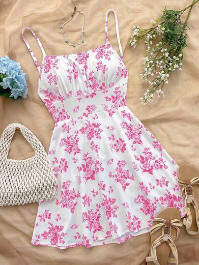 Soleia 女士度假蓝白花卉印花露背细肩带 A 字型迷你连衣裙，适合夏季/秋季/冬季分层搭配，派对穿着