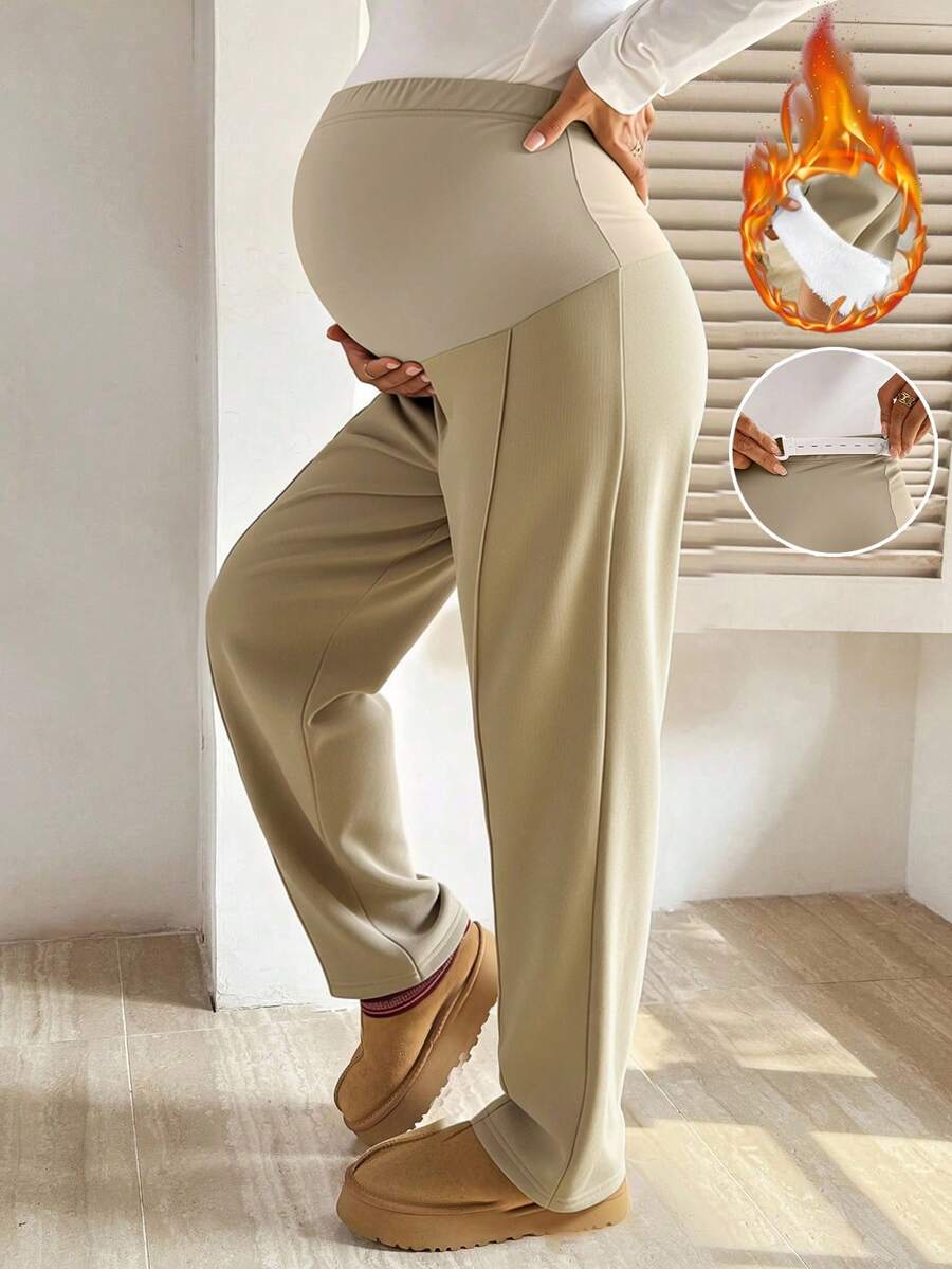 SHEIN 孕妇高弹力保暖休闲直筒高腰裤 - 卡其色 - 查看 1