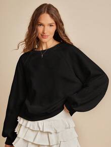 WESTFADE Fleece & Crochet Lace Crewneck Raglan Sleeve Boxy Fit Sweatshirt Back To School Fall Clothes - Black - View 4