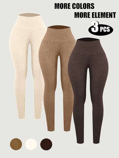INAWLY 3pcs Plus Size Women Solid Color Ribbed High Waist Leggings Set